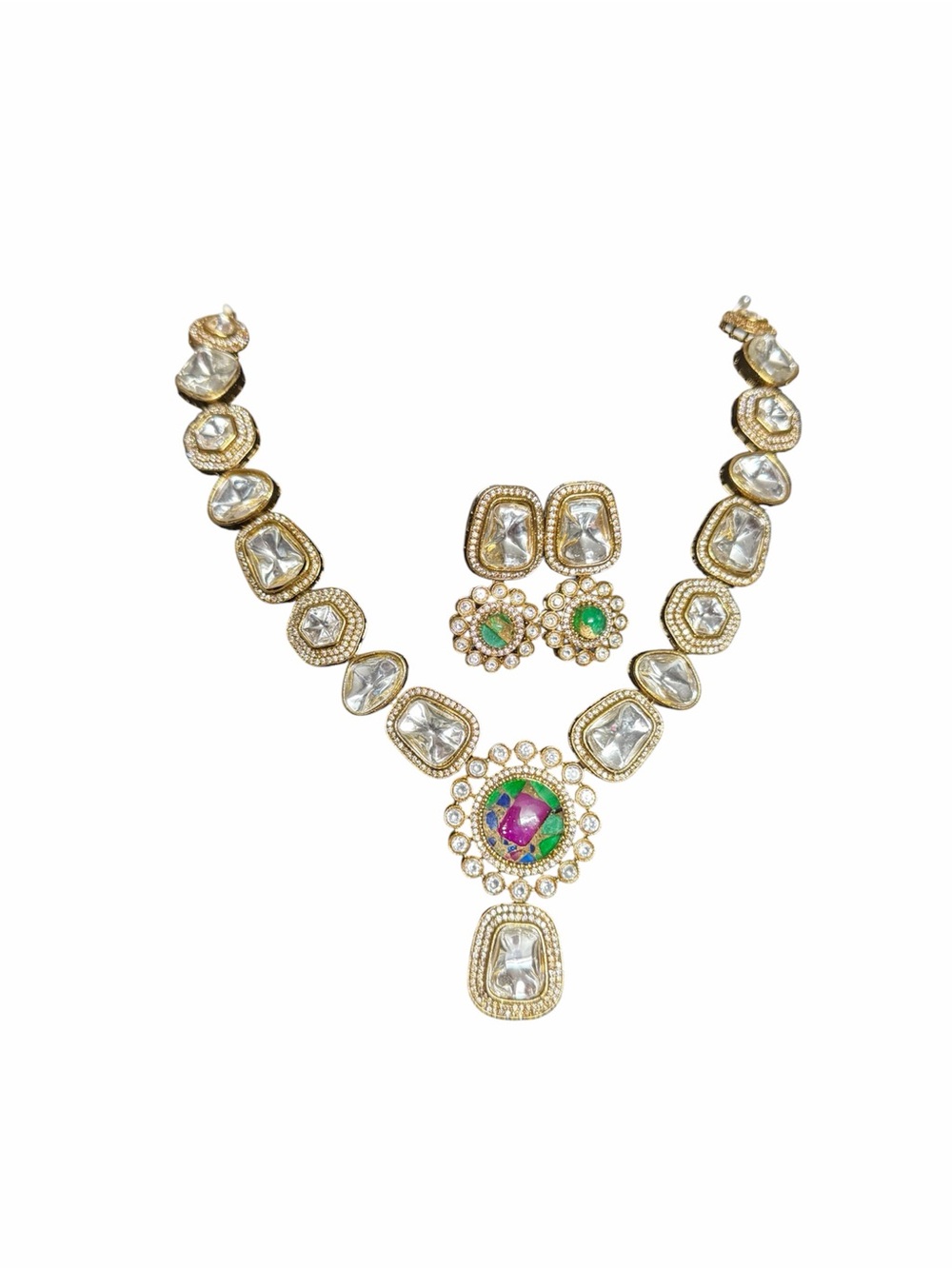 Tyaani Gold-Tone Kundan Necklace Set with Multicolor Pendant and Green Accents